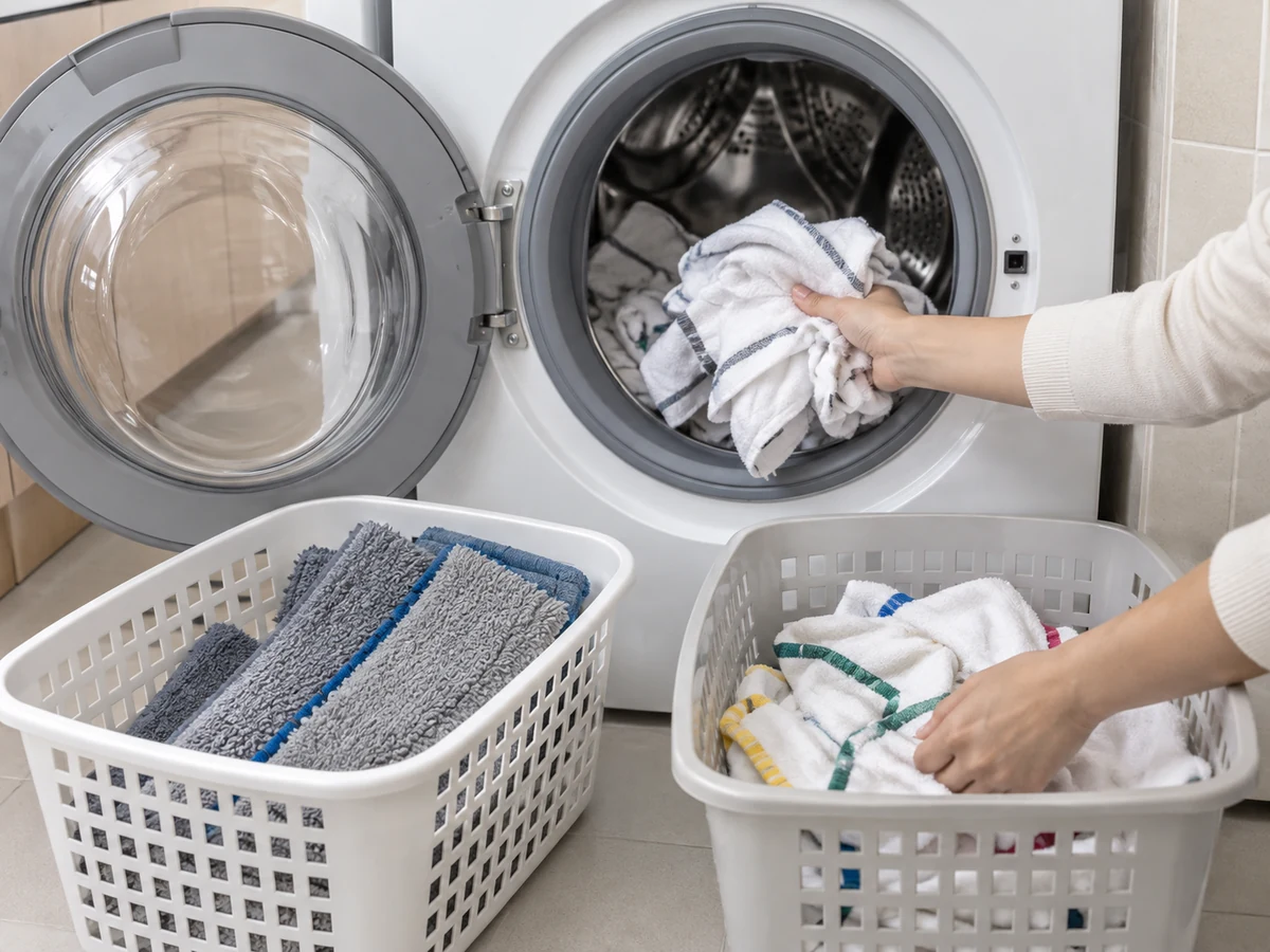 Wash and Dry Cleaning Cloths and Reusable Mop Pads: Launder by label and machine capacity