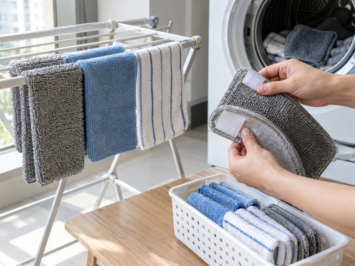 Wash and Dry Cleaning Cloths and Reusable Mop Pads: Line-dry or tumble-dry by label and check thick edges and hook-and-loop tabs before sorted storage