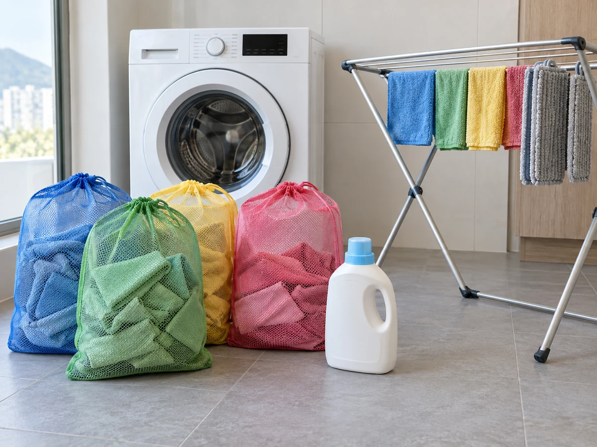 Wash and Dry Cleaning Cloths and Reusable Mop Pads — Colour-separated laundry bags, Laundry detergent, Washing machine, Drying rack