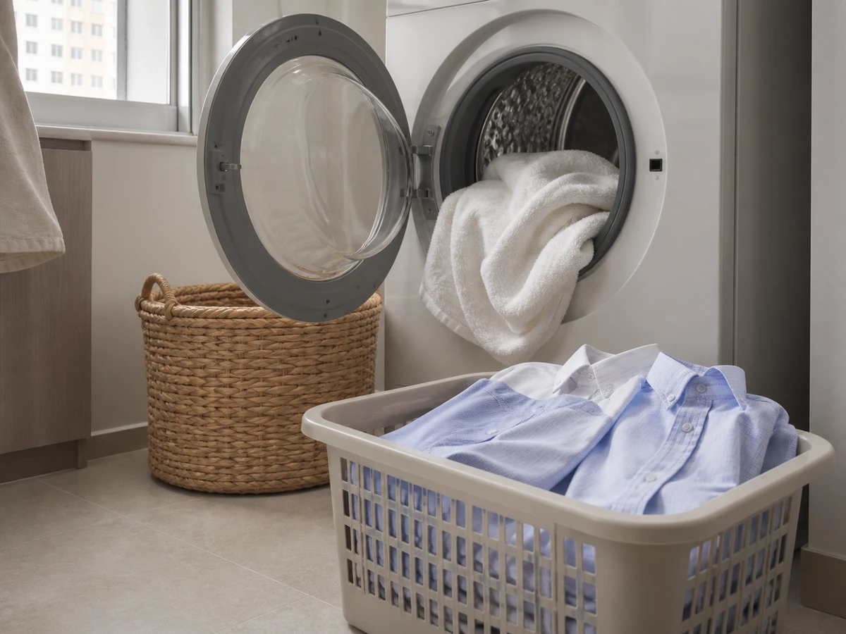 Packing towels with lightweight clothes — Sort by colour and weight and leave the drum loosely loaded.