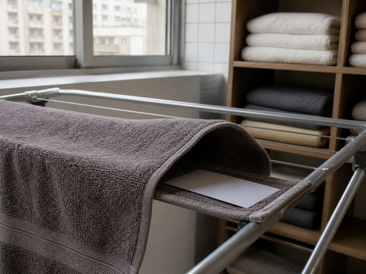 Folding towels that only feel dry on the surface — Check thick hems and folds and store only when fully dry.