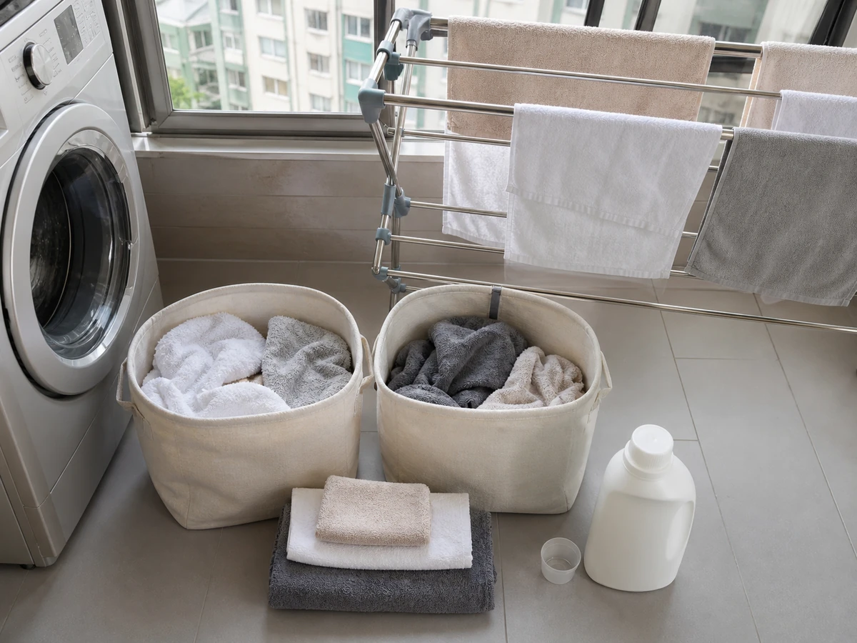 Neatly arranged supplies for how to wash and dry towels properly