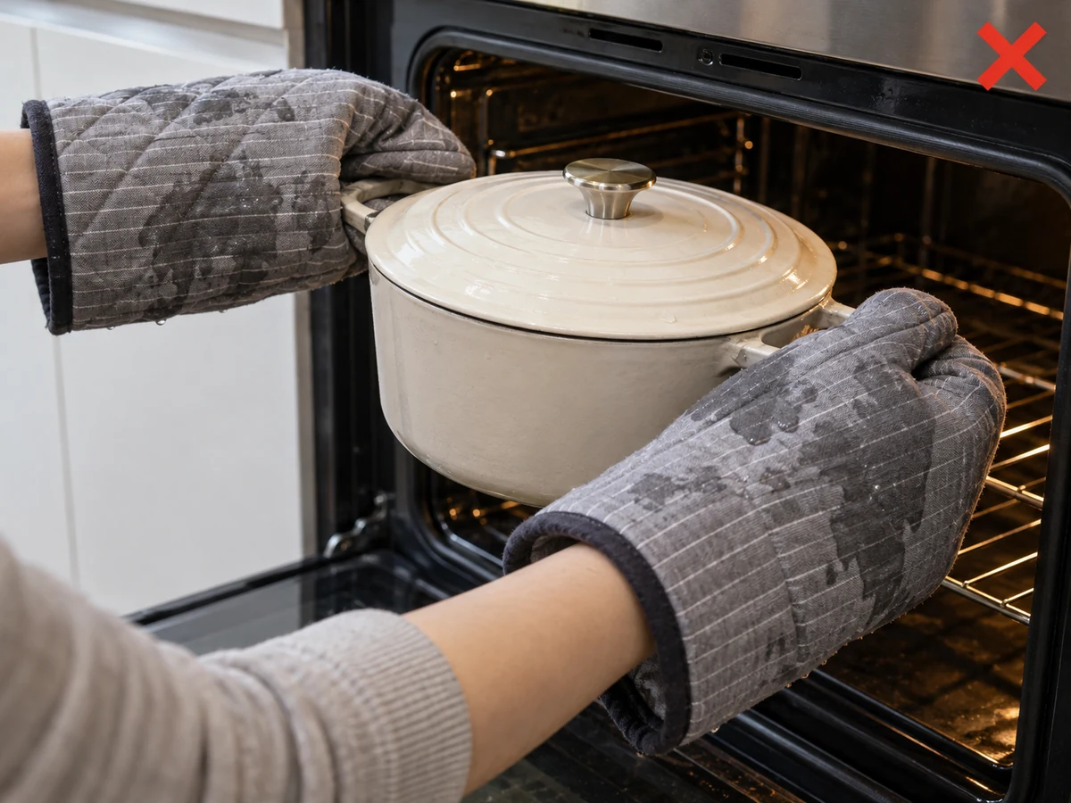 Using damp gloves at the hob or oven — Check finger pockets and padding are dry through.