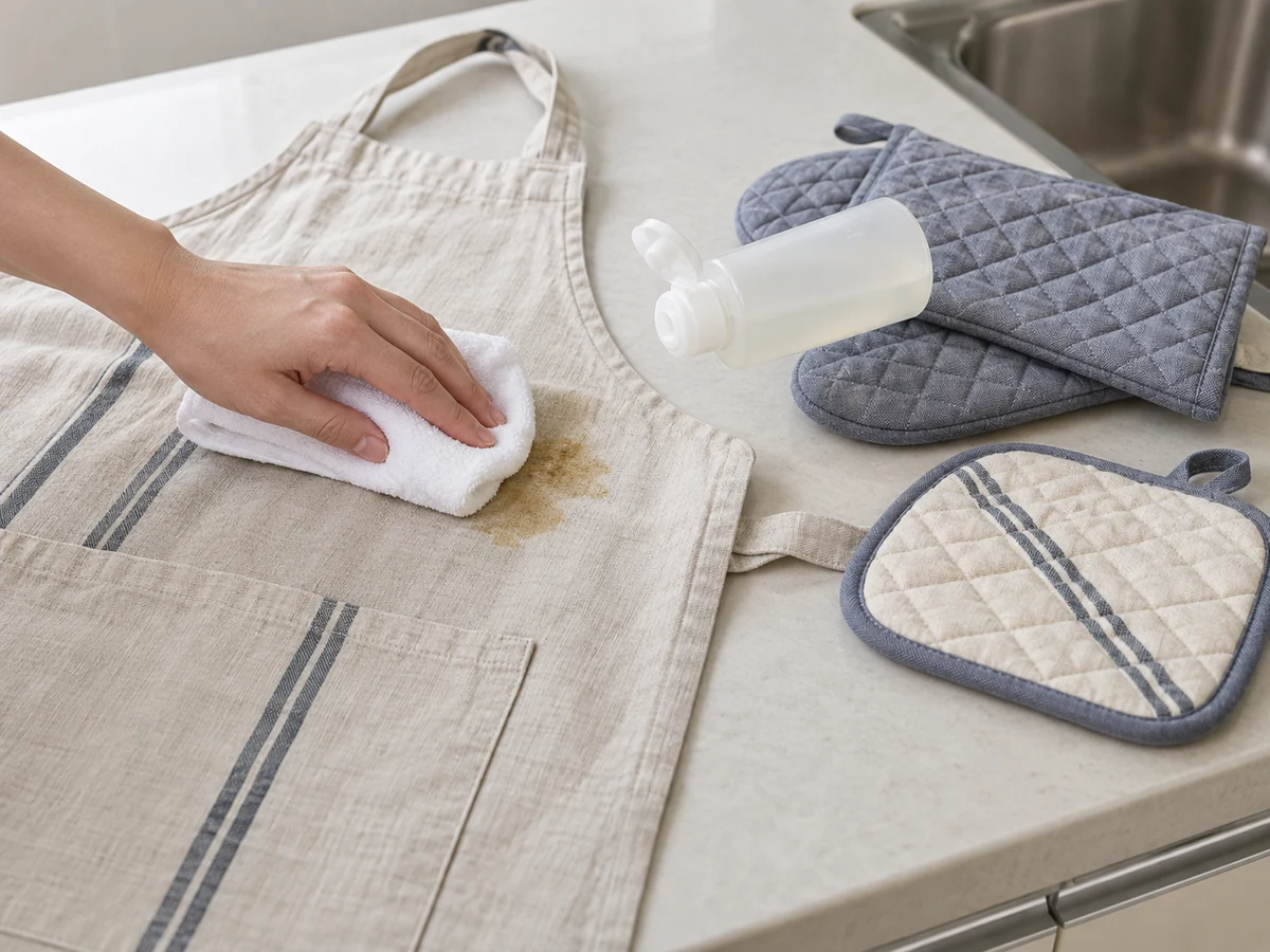 Wash Aprons, Oven Gloves and Pot Holders by Care Label: Blot grease with a white cloth and pretreat by label
