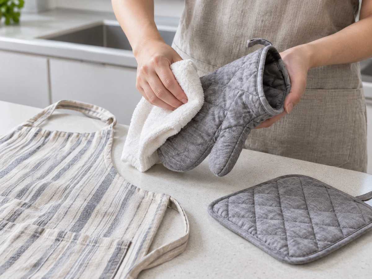 Wash Aprons, Oven Gloves and Pot Holders by Care Label: Dry inside and out, including finger pockets and filling