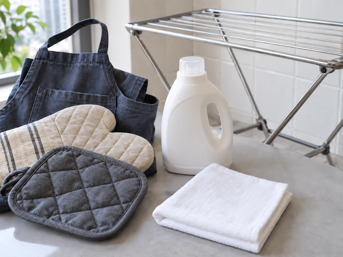 Wash Aprons, Oven Gloves and Pot Holders by Care Label — Care labels, Laundry detergent, White absorbent cloth, Drying rack
