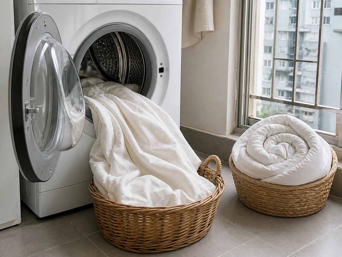 Stuffing rolled sheets into a full drum — Open the pieces, load loosely and follow capacity guidance.