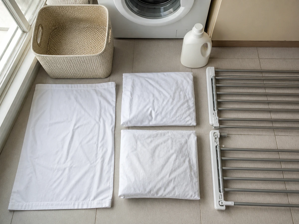 Neatly arranged supplies for how to wash bed sheets and pillowcases