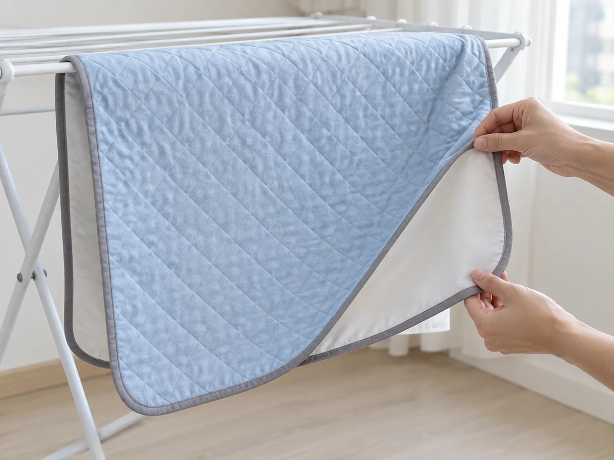 Cara Mencuci Alas Tempat Tidur Inkontinensia Pakai Ulang sesuai Label: Keringkan lapisan dan periksa
