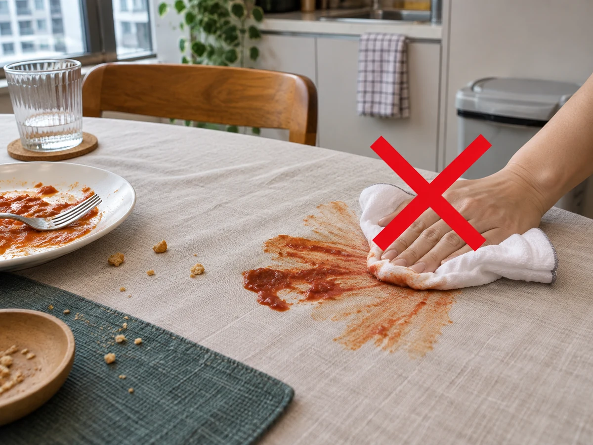 Menggosok noda makanan ke luar — Buang remah ke tempat sampah, angkat padatan dengan pengikis tumpul, dan serap cairan dengan kain putih tanpa menyebarkan noda.