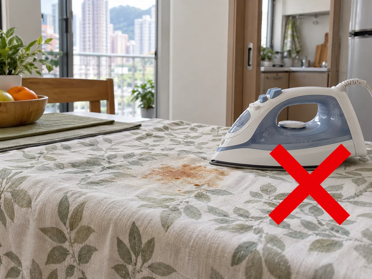 Memanaskan noda yang belum hilang — Uji warna di tempat tersembunyi lalu pratangani dan cuci sesuai label; hindari pengering panas atau setrika sebelum noda makanan serta minyak hilang.