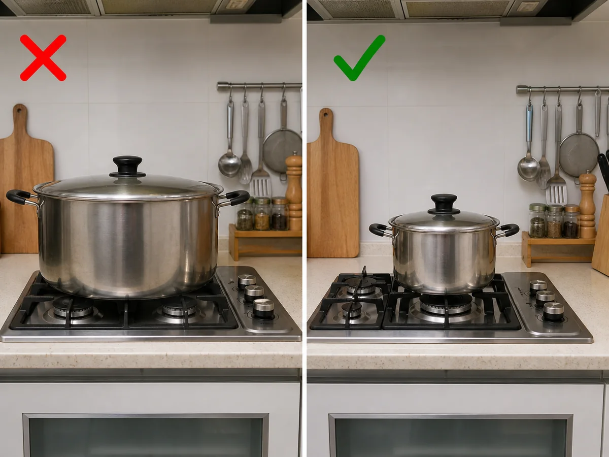 錯誤做法:用遮蓋多個爐頭的大鍋,或火焰沿鍋邊竄出。 按爐具說明選用合適大小的鍋具,鍋底及火焰不可把過多熱力反射到旋鈕、喉管或附近物件。