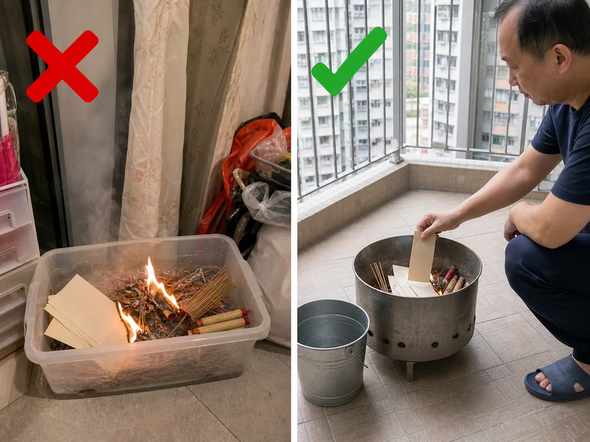 錯誤做法:在塑膠桶燃燒冥鏹,或把熱灰倒入垃圾桶。 只在僱主指定的安全位置使用穩固金屬器皿,遠離可燃物並全程看管;灰燼完全熄滅才棄置。