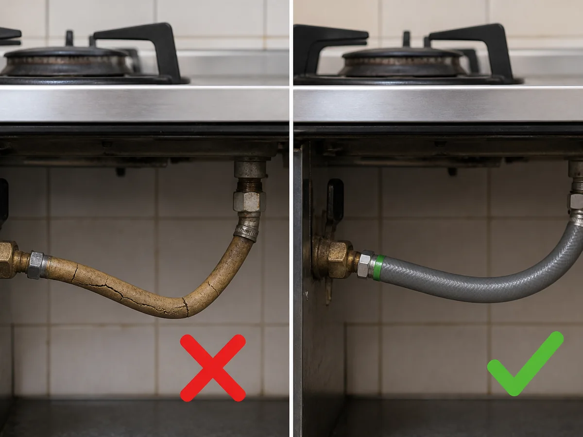 Unsafe example on the left: Taping a damaged tube or continuing to use cracked or expired tubing.; correct example on the right: Inspect flexible gas tubing for cracks, ageing, loose joints, and its printed service-life date.