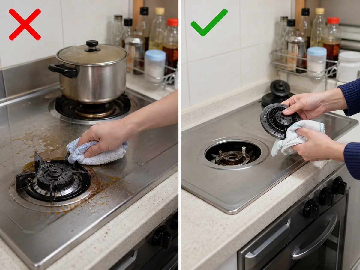 錯誤做法:爐具仍熱時拆爐頭,或自行修理氣體部件。 食物滾瀉後先關火,待爐具完全冷卻,才按說明書清潔爐頭;火焰異常要停用並通知僱主。