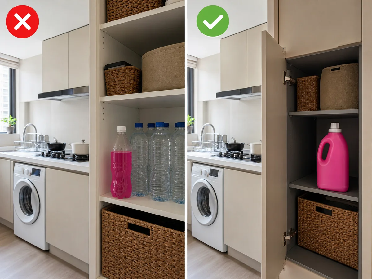 Pink cleaner sa drink bottle katabi ng tubig sa kaliwa at purpose-shaped container sa mataas na cupboard sa kanan