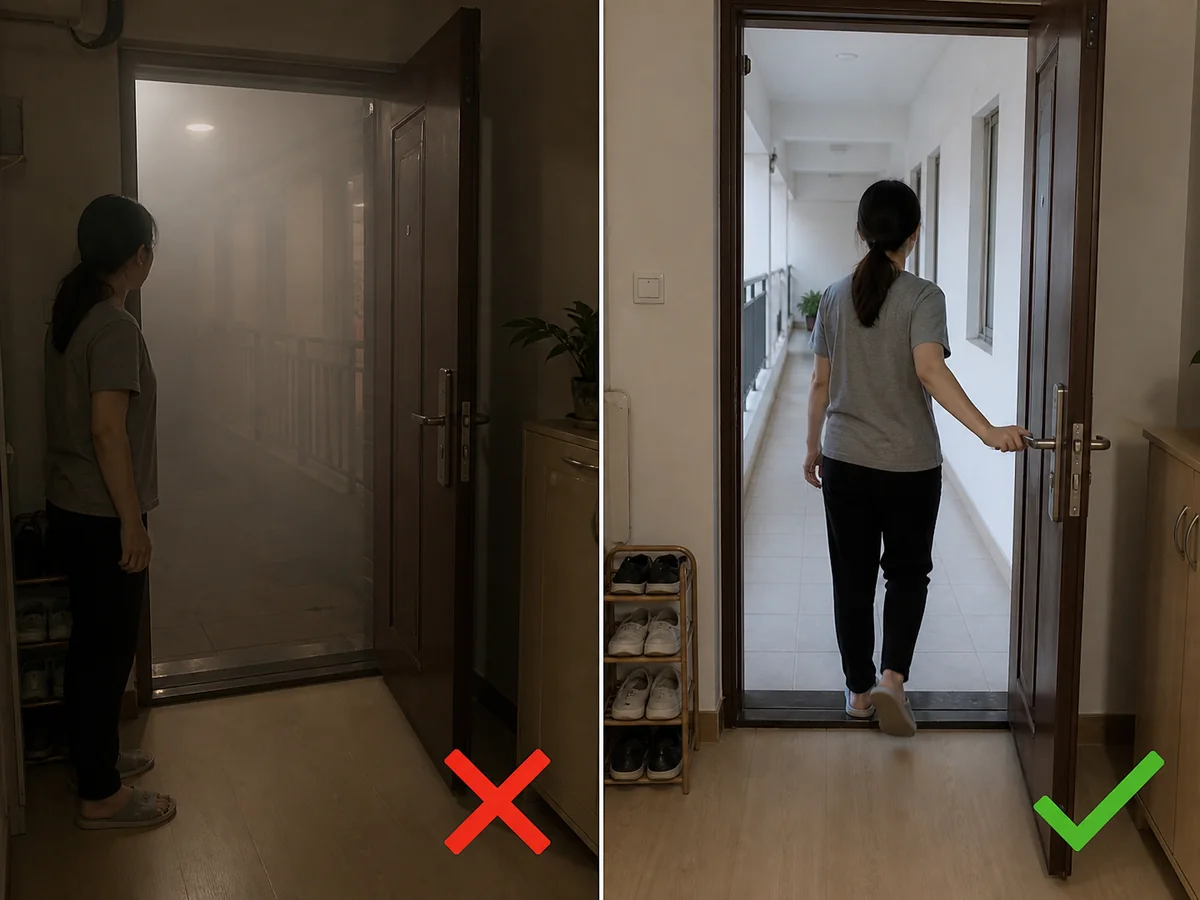 Unsafe: Rushing into a smoke-filled corridor or returning for belongings. Check the corridor and escape route for smoke first; when it is safe to leave, close the unit door and do not return.