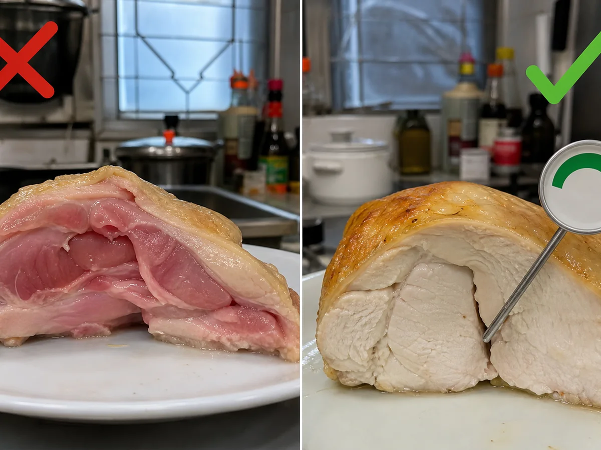 Unsafe example on the left: Judging the whole food cooked only by its colour or surface.; correct example on the right: Use a food thermometer to confirm at least 75°C in the thickest centre.