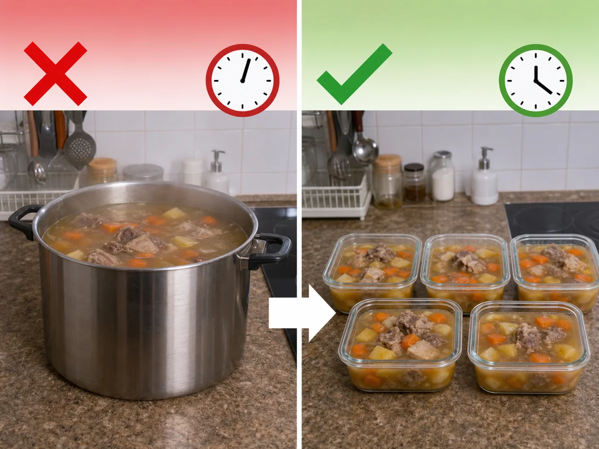 錯誤做法：把整大鍋湯留在枱面數小時才入雪櫃。 把大份剩食分成小份放入淺容器，盡快冷卻及冷藏；不要等整鍋在室溫完全冷卻。