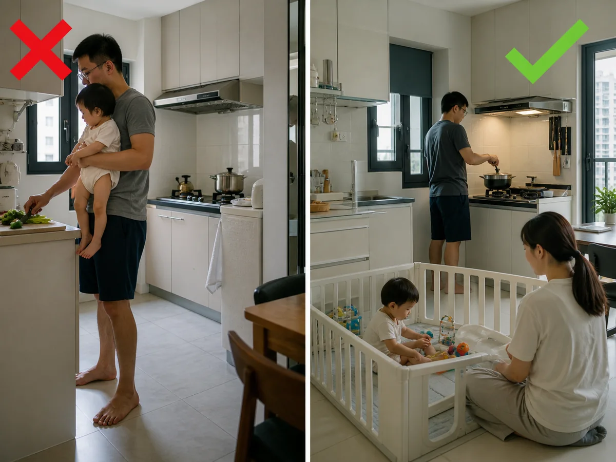 錯誤做法:抱着小朋友炒餸、開焗爐或拿取熱鍋。 使用爐火、熱油或熱鍋前,先把小朋友交給另一位成人或安置在遠離煮食區的安全位置。