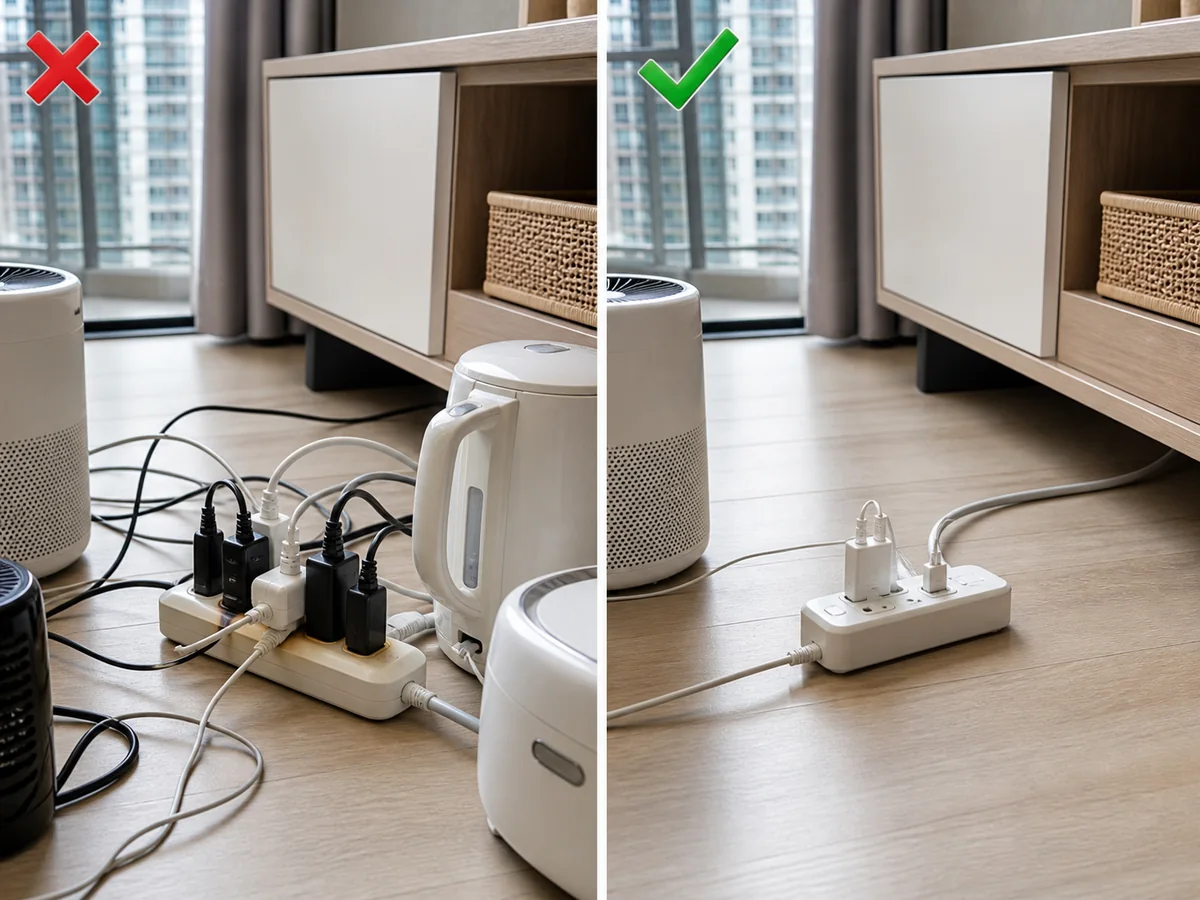 左邊拖板插滿高耗電電器，右邊同一位置只接少量電器並整理好電線