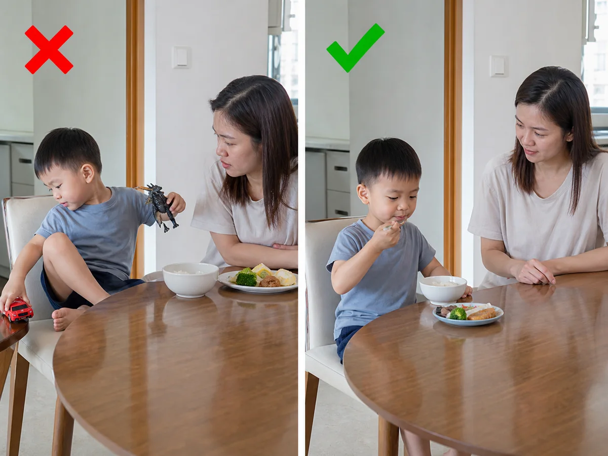Unsafe: Letting a child run or play with food in the mouth. Have the child sit still and eat calmly with an adult nearby; do not let them run, play, or laugh with food in the mouth.