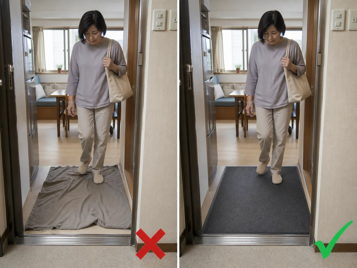 錯誤做法：在門口或浴室出口鋪一塊沒有固定的舊布。 移走行走路線上的舊布及鬆散地墊；需要地墊時使用平整、穩固防滑的款式。