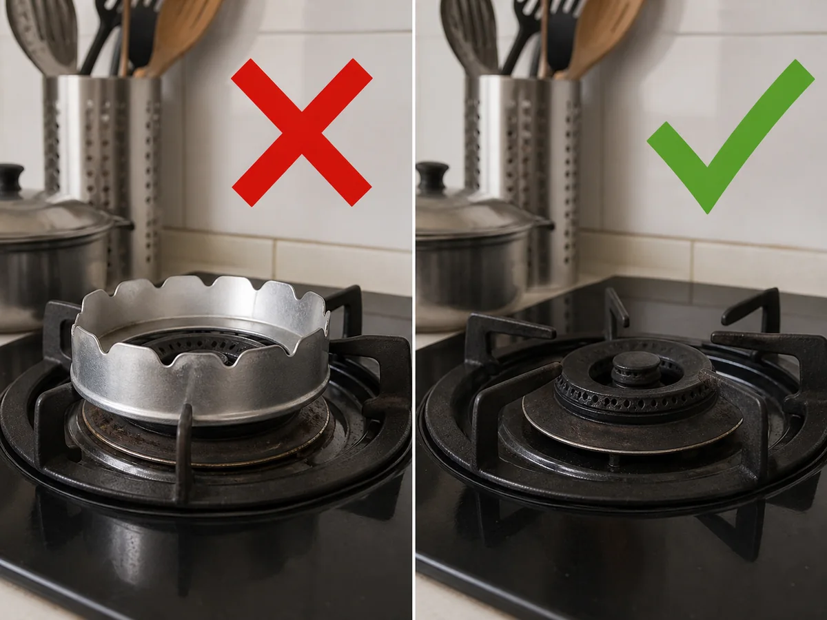 Tidak aman: Memasak dengan cincin hemat energi dari internet di atas burner. Jangan tambah cincin, pengumpul api, atau aksesori yang tidak diberikan atau disetujui produsen kompor.