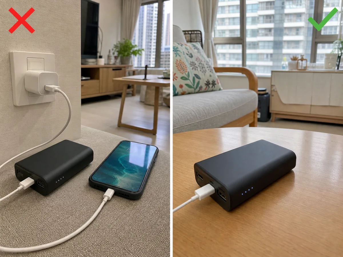 錯誤做法：外置充電器插着電源，同時接駁手機充電。 外置充電器接駁電源充電時，不要同時用它為手機或其他裝置充電。