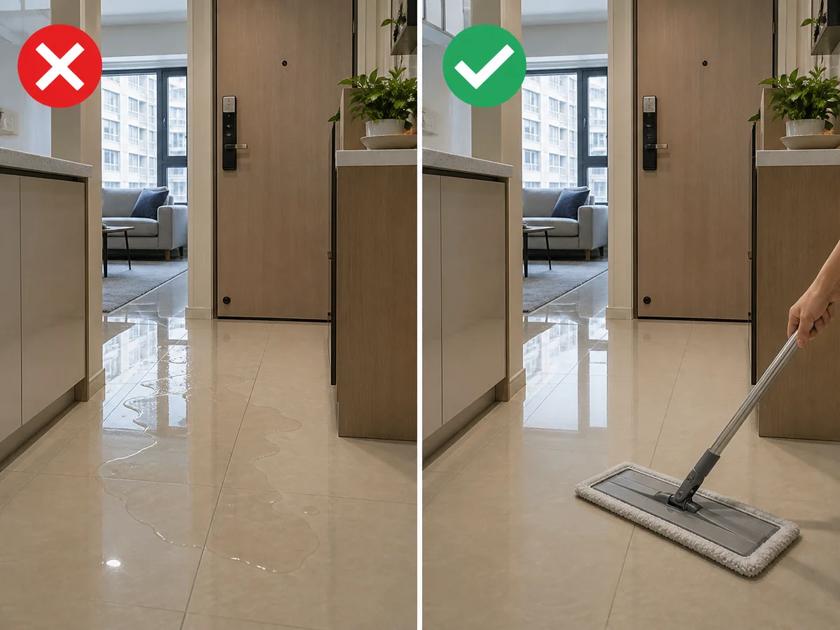 Malaking tubig na iniwan sa daanan ng Hong Kong flat sa kaliwa at parehong sahig na mino-mop sa kanan