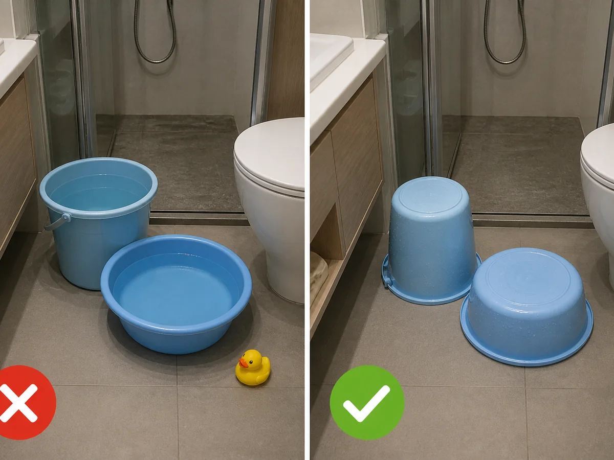 左邊顯示錯誤做法:工作完成後仍把盛水容器留在浴室或地面。;右邊顯示正確做法:洗澡或清潔後立即倒清浴盆、水桶和水盆,倒轉收好。
