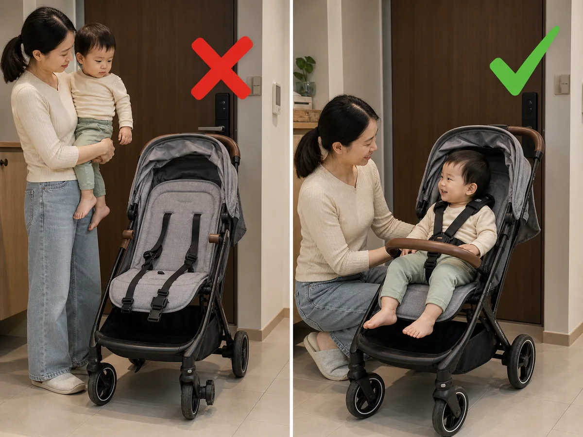 Contoh tidak aman di kiri: Menaruh anak tanpa memasang sabuk atau mengunci roda.; contoh benar di kanan: Pasang sabuk setiap kali dan kunci roda stroller atau kursi tinggi saat berhenti.