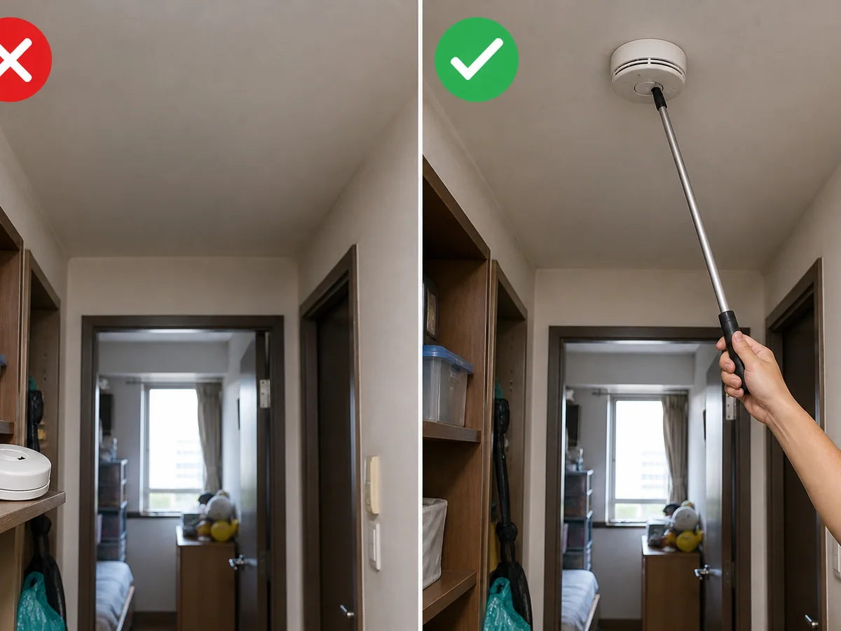 左邊顯示錯誤做法:拆掉電池、遮蓋偵測器,或從不測試。;右邊顯示正確做法:按消防處及產品說明安裝合規格偵測器,每月按測試掣檢查電池。