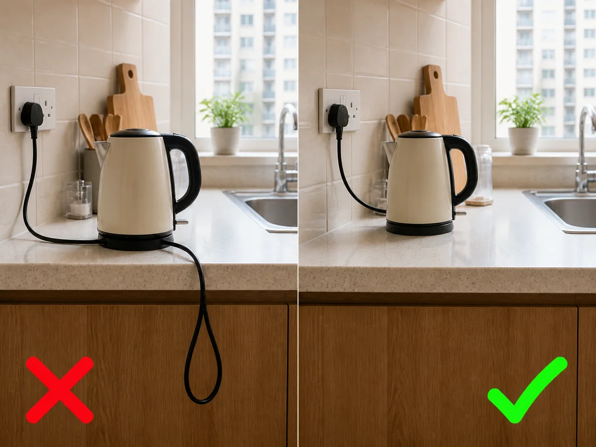 A kettle cord hanging near a child's chair on the left and a kettle secured at the back with its cord safely arranged on the right