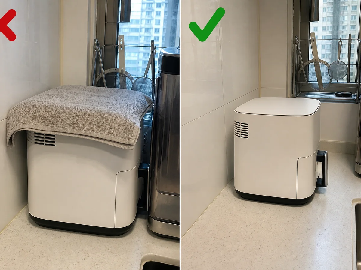 左邊顯示錯誤做法:用布遮蓋電器,或把紙箱及雜物貼住散熱口。;右邊顯示正確做法:電器四周保留說明書要求的空間,不要遮蓋入風口或出風口。