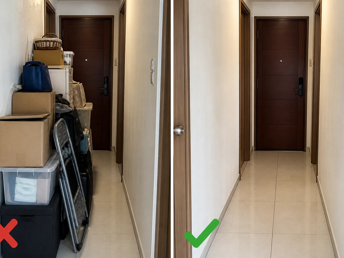 左邊顯示錯誤做法:把物品長期放在門口、公共走廊或樓梯。;右邊顯示正確做法:由單位門口至走廊和樓梯的路線不可堆放鞋、紙箱、單車或垃圾。