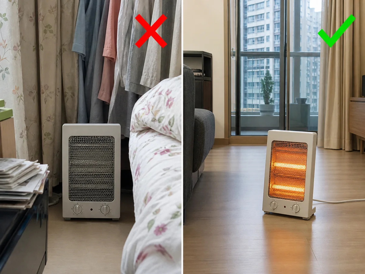 錯誤做法：把濕衣服掛在電暖爐上或把暖爐放近床鋪。 按說明書保留安全距離，電暖爐附近不可放被褥、衣物、窗簾、紙張或其他可燃物。