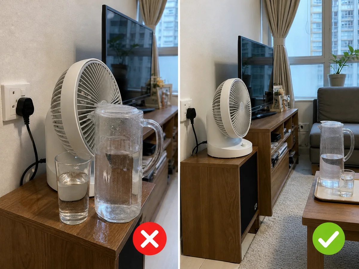 左邊水杯和濕布放在通電電器旁，右邊同一電器周圍乾爽而水杯放在遠處
