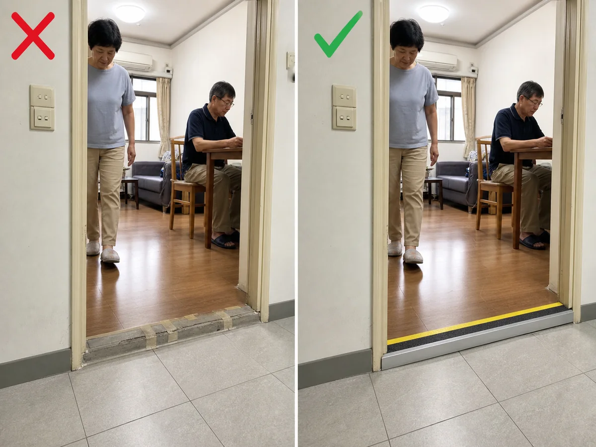錯誤做法：用鬆脫膠帶遮蓋門檻，或由家傭自行改動結構。 保持門檻清楚可見並使用穩固防滑對比標示；需要拆改時由僱主安排合資格人士處理。