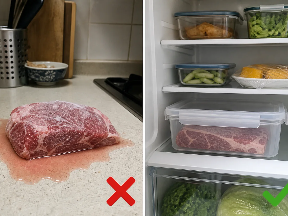 Contoh tidak aman di kiri: Meninggalkan daging beku di meja semalaman atau merendam dalam air panas.; contoh benar di kanan: Cairkan di kulkas; metode air mengalir atau microwave harus langsung dilanjutkan memasak.