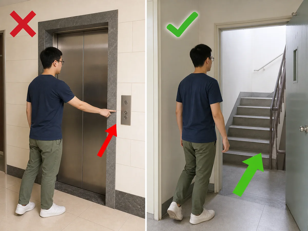 Unsafe: Taking a lift after the alarm or entering a smoke-filled staircase without checking. Do not use a lift; check the escape stairs for smoke and follow Fire Services guidance for the safest action.