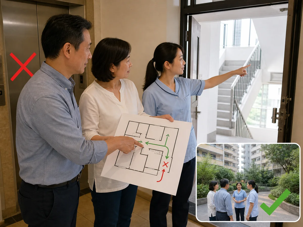 Unsafe: Never checking the escape stairs or agreeing where everyone will meet. The employer should show the helper the exits, escape stairs, alarm, and outdoor meeting place, including not forcing a route through heavy smoke.