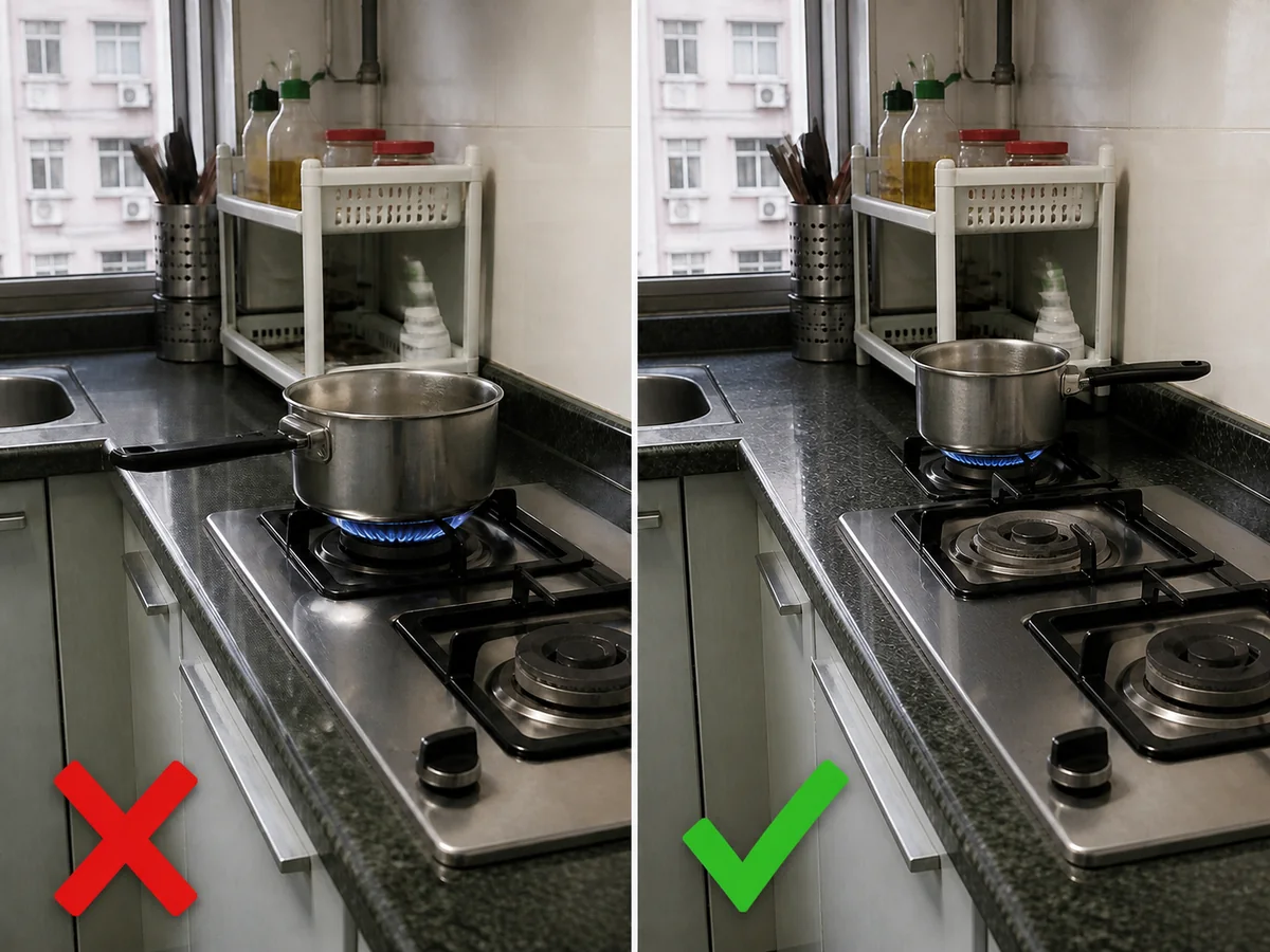 A pan handle over the cooker edge on the left and the same handle turned inward away from another burner on the right
