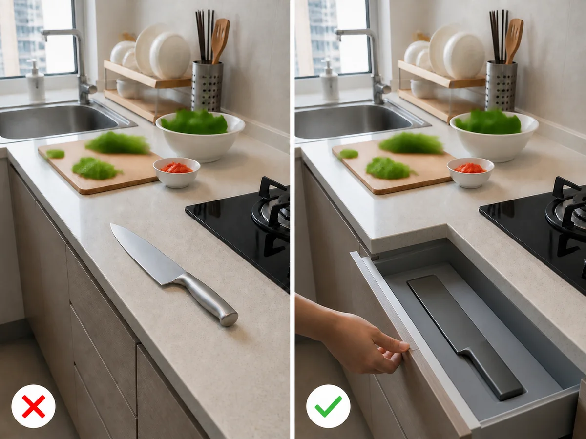 Unbranded knife sa gilid ng kitchen counter sa kaliwa at parehong kutsilyo na lubos na nakatakip ang talim sa fitted drawer sheath sa kanan