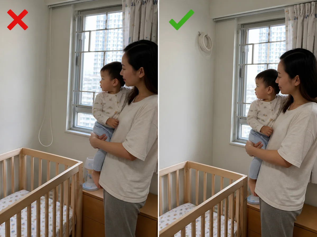 Unsafe example on the left: Leaving a cord loop beside a cot, sofa, or play area.; correct example on the right: Fix curtain and blind cords high and completely out of children's reach.