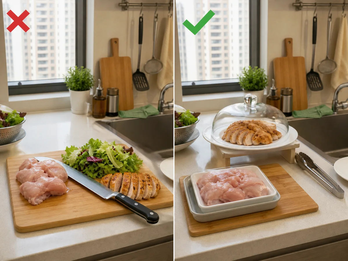 Hilaw na manok, salad, at lutong manok sa iisang board at knife sa kaliwa, at hiwalay na may ibang utensils sa kanan