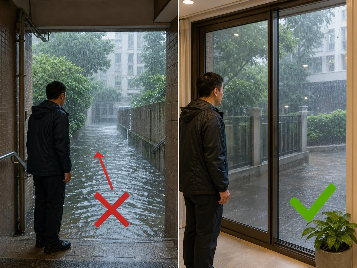 Tidak aman: Masuk air banjir yang menutupi jalan hanya untuk melanjutkan perjalanan. Hindari daerah rendah yang banjir dan aliran air; saat Black Rainstorm Warning, tetap di dalam atau berlindung aman dan ikuti petunjuk resmi serta majikan.