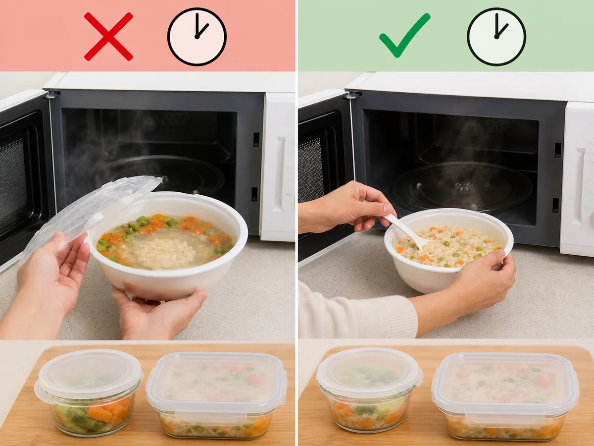 錯誤做法：只摸容器邊緣便假設整份食物已熱透。 按食物及容器情況在加熱中途攪拌或翻轉，完成後靜置並檢查中心是否徹底熱透。