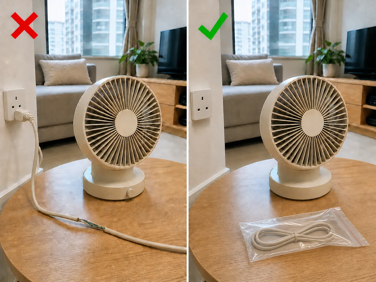 左邊風扇仍接駁破損並外露的電線，右邊同一風扇已拔電停用，損壞電線完整封在透明袋內