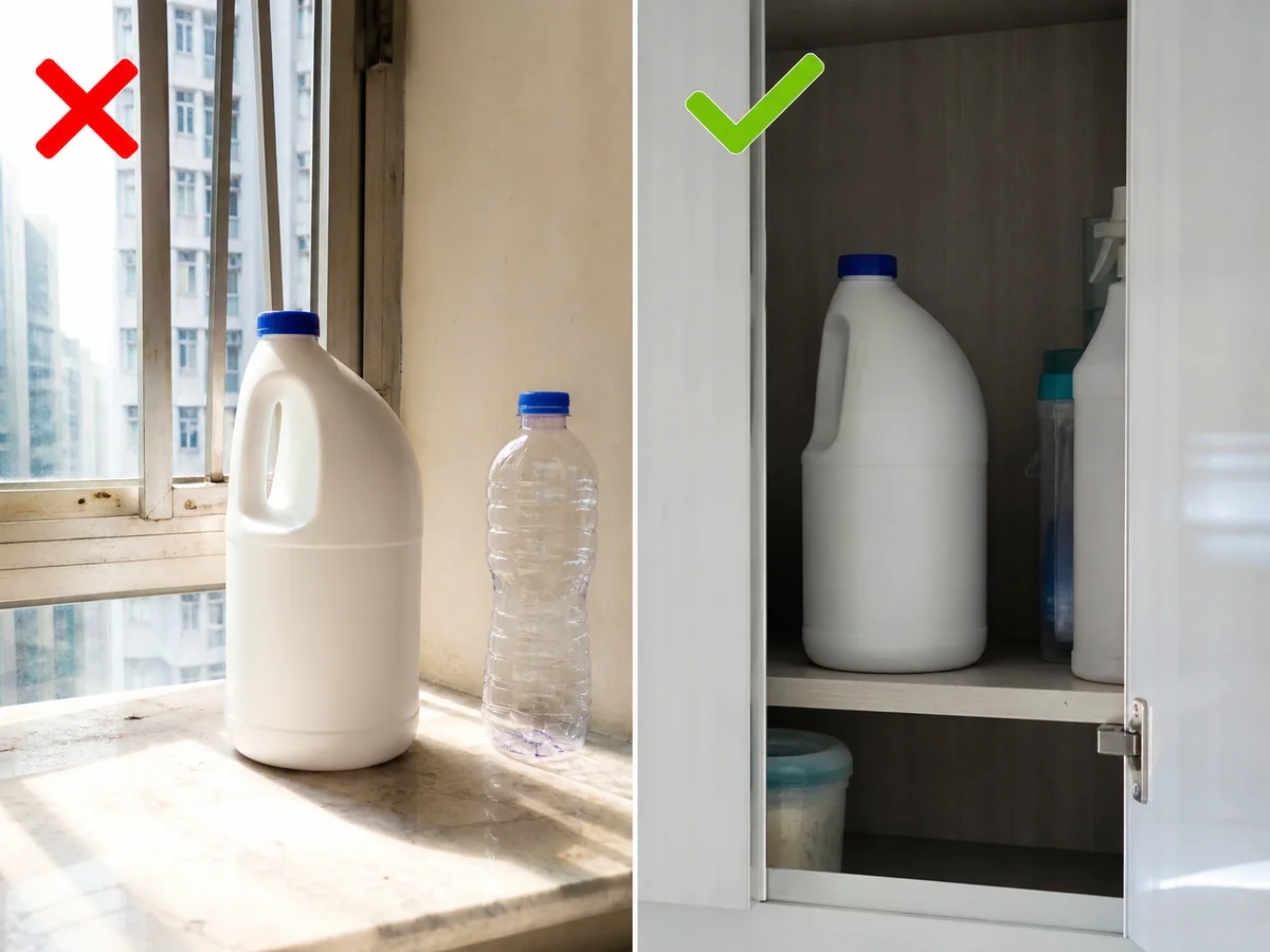 錯誤做法:把漂白水放在窗邊、熱源旁或無標籤飲品瓶。 漂白水保留原裝有標籤容器,蓋好後直立放在陰涼避光及小朋友接觸不到的位置。